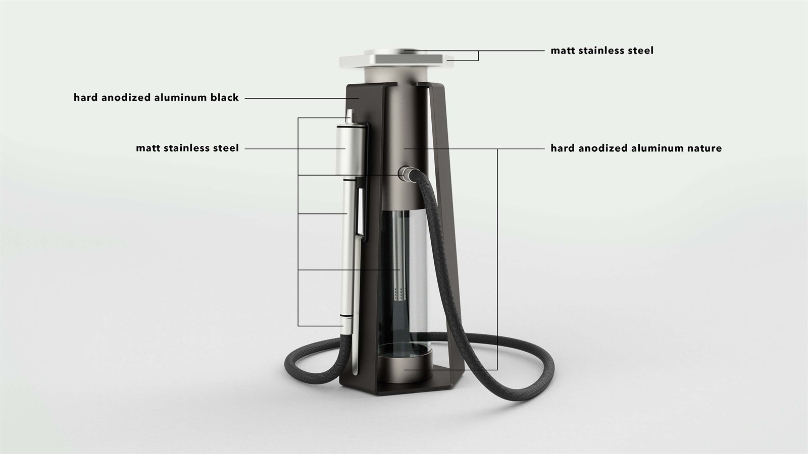 Innovade shisha materials labelled matt stainless steel, hard anodized aluminium and borosilicate glass